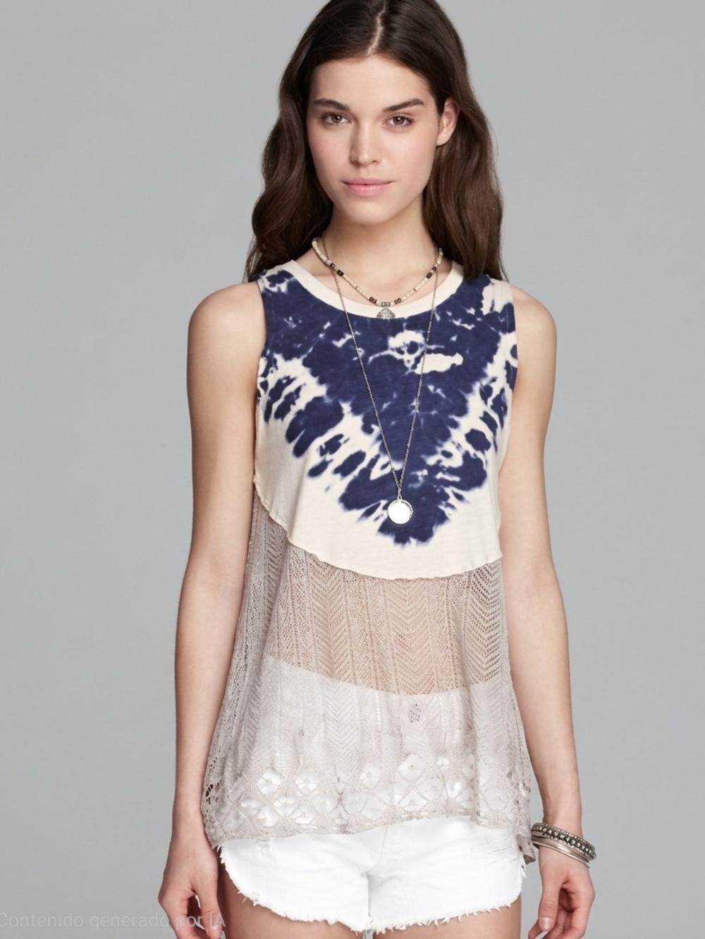 Free People Navy Tie-Dye & Cream Lace Tank 100% Cotton